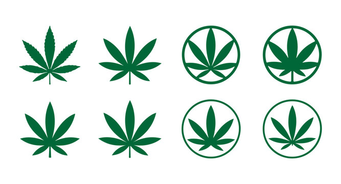 Cannabis leaf vector icons set featuring green plant illustrations for marijuana medical brand identity.