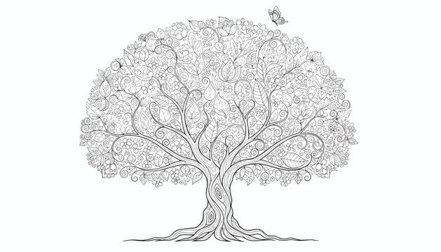 Detailed line art of a big leafy tree of life with swirling branches and a tiny butterfly on a white background.