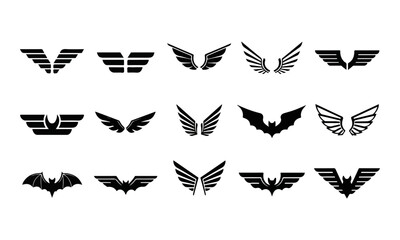 Fototapeta premium Wing Icons and Bat Silhouettes Set on White Background