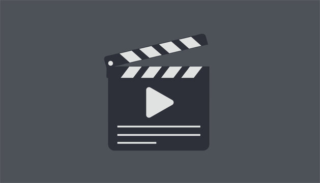 Movie clapperboard icon with play button symbol on dark grey background representing cinema and video production.