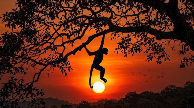 Monkey hanging from a tree branch against a vibrant orange sunset sky