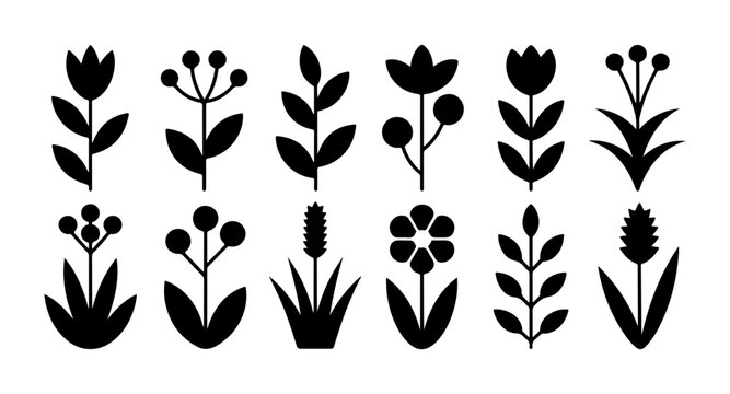 Set of black silhouette flower and herb icons representing botanical diversity for rustic projects.