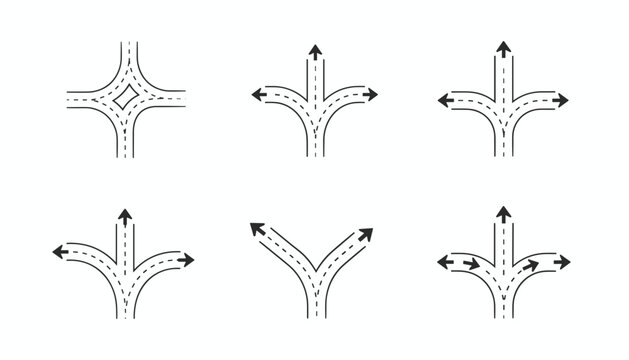 Set of highway road branch diagrams with arrow indicators representing traffic direction and route navigation.