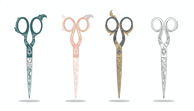 Four vintage hair salon scissors with ornate, decorative handles in teal, pink, gold, and white on a white background.