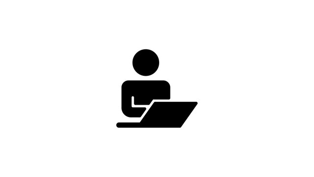 Minimalist black icon of a person sitting and working on a laptop computer