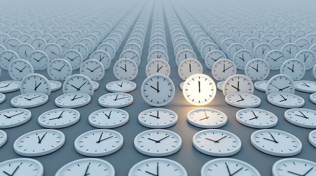 Row of glowing white clock faces on futuristic grid background at midnight countdown