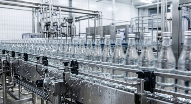 Modern beverage bottling line with automated filling machines in industrial facility