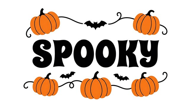 A charming hand drawn halloween illustration with pumpkins bats and the word spooky written in a bold black stylistic font
