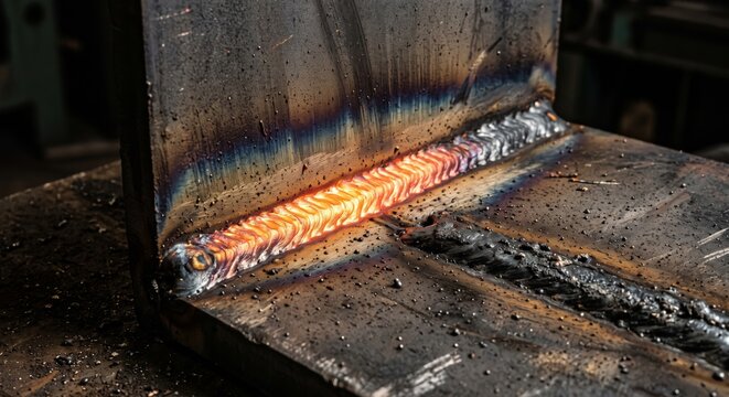 Welding steel plate close-up showing intense heat and sparks in industrial manufacturing process