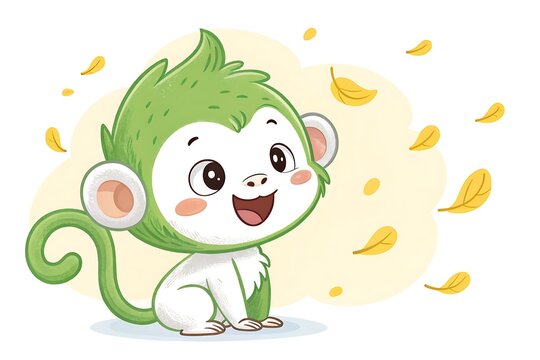 Happy cartoon monkey with autumn leaves