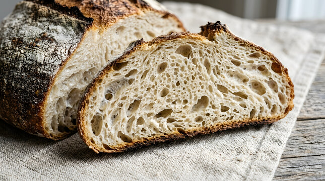 Crusty artisan sourdough loaf cut into slices showing airy texture and rustic dark edges on a light linen kitchen towel