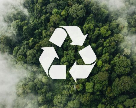 Aerial view of white recycling symbol over lush green forest