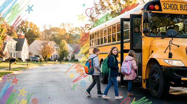 Three young school children with backpacks boarding a yellow school bus on a suburban street in the morning light, featuring colorful crayon doodle overlays and fall foliage background.