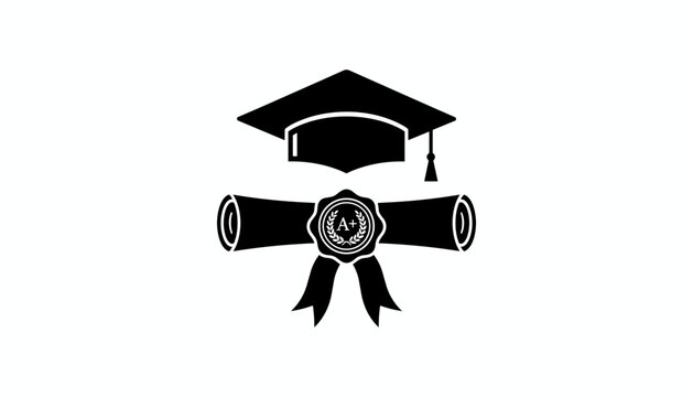Graduation cap and diploma scroll with A plus stamp icon in black silhouette style on a white background.