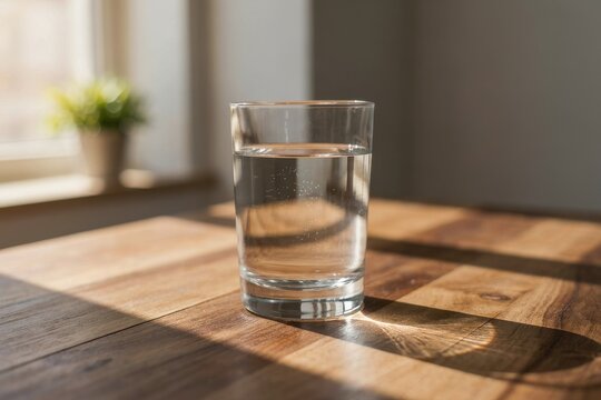 Clear glass of fresh water on wooden table in sunny room
