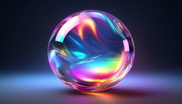vibrant 3d bubble with glossy iridescent reflections floating on a dark gradient background transparent glass ball with colorful light effects soft highlights ideal for background banner poster