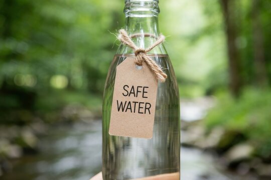Hand holding a glass bottle with a "SAFE WATER" tag against a blurry green forest and stream background.