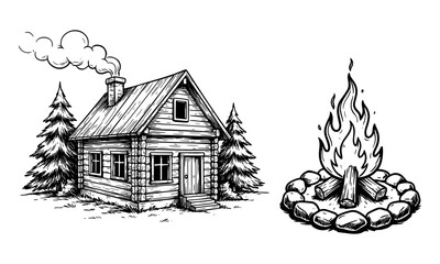 Cozy cabin and campfire illustration, wilderness camping scene with forest trees, outdoor adventure and rustic nature retreat