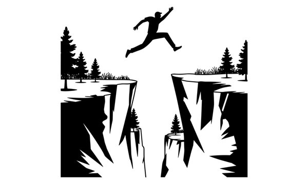 Cliff jumping silhouette illustration, adventurous person leaping across canyon gap with pine trees for outdoor adventure design