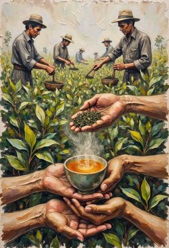 Farmers Harvesting Tea Leaves and Processing Tea in a Garden Scene