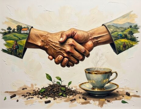 Handshake Emerging from Landscape Scenes with Coffee and Plant Growth