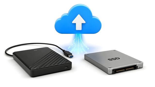 Cloud Storage Concept with External Hard Drive SSD and Floating Upload Symbol