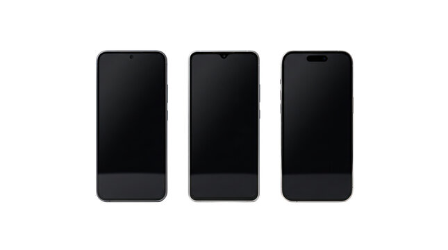Three smartphones with black screens featuring different notch styles, isolated on a black background, digital device display mockup