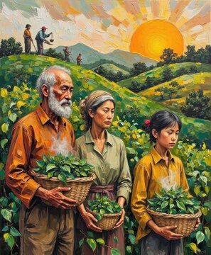 Elderly man, middle-aged woman, young girl planting tea in lush green farm at sunset