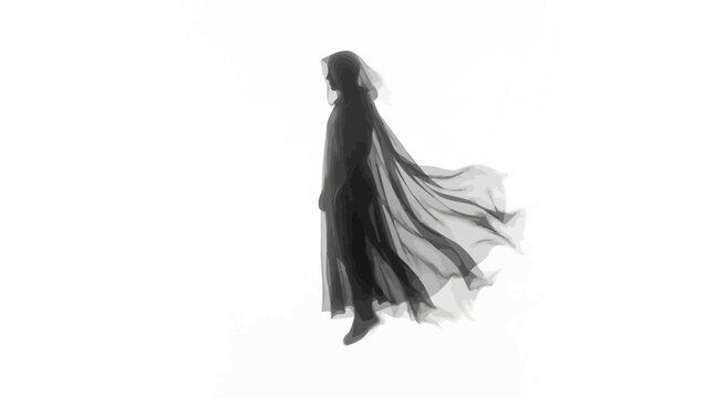 Halloween Hooded figure wearing black flowing cape, silhouette of mysterious medieval character, dark fantasy illustration style, character sheet set vactor