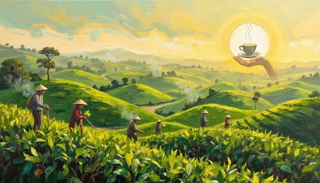 Serene Agricultural Landscape with Farmers, rolling hills, and vibrant vineyard fields under a sunny sky