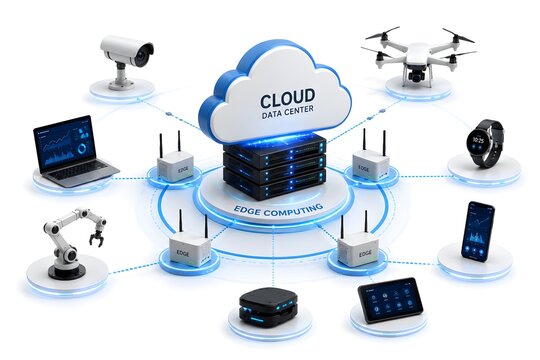 Edge Computing Cloud Network with Smart Devices Orbiting Central Cloud IoT Concept