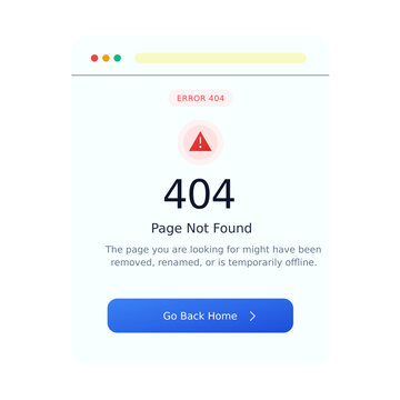 "404 Page Not Found" error displayed in a browser, indicating unavailable website content or a broken link, with a "Go Back Home" button vector illustrator