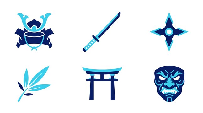 Minimalist japanese ninja and samurai icon set with leaf and shrine symbols
