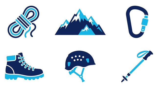 Mountaineering gear set with hiking boots, helmet, carabiners and trekking poles