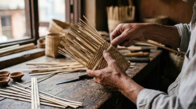 Artisan hands weaving natural reeds into a basket on a wooden table.