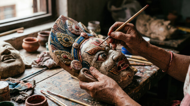 Artisan meticulously painting a traditional mask with intricate details.