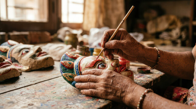 Artisan painting a colorful traditional mask with a brush.