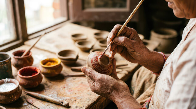Artisan painting small clay pots with colorful pigments in a workshop.