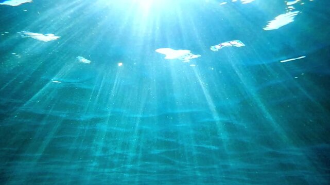 Sunlight rays shining through ocean surface. Real video of View from underwater Sea. Seamless loop of deep blue ocean waves from underwater background, Light rays Shining through rays. Slow motion.