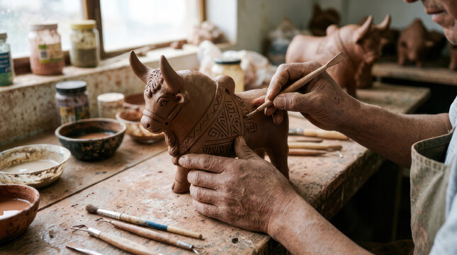 Artist sculpting a bull figurine from clay at a workbench.