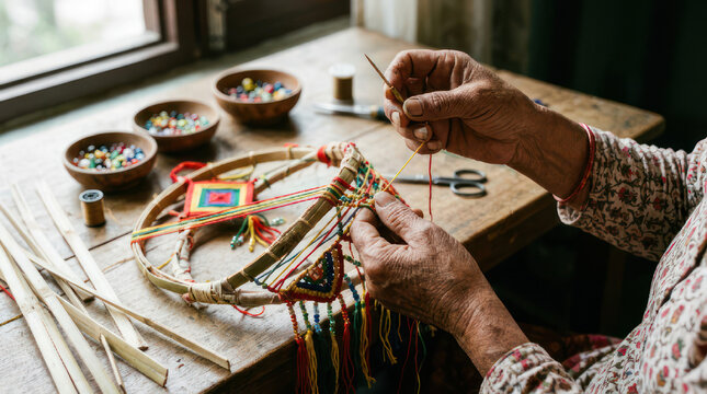 Close up of hands crafting a dreamcatcher with beads and threads.