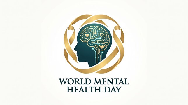 World mental health day golden ribbon and human brain network graphic design concept vector illustration template