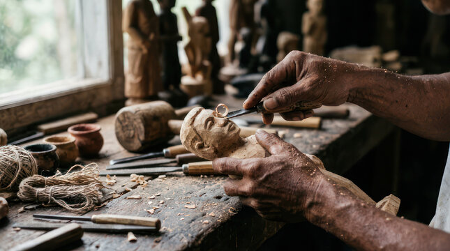 Craftsman meticulously carves a wooden doll with tools on a workbench.