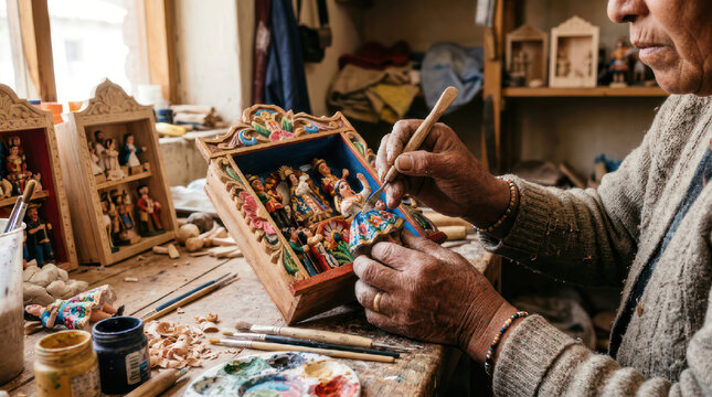 Elderly artisan meticulously paints a small wooden nativity scene in his workshop.