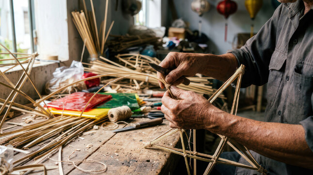 Craftsman assembling a traditional kite frame with bamboo sticks.