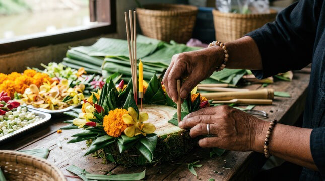 Hands crafting a traditional Thai Krathong for Loy Krathong festival.