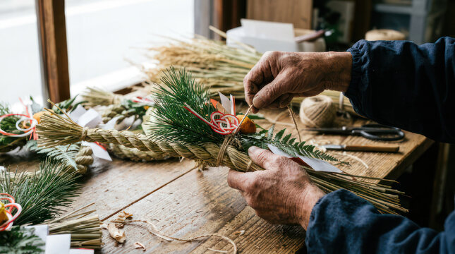 Hands crafting traditional Japanese New Year decoration Kadomatsu.