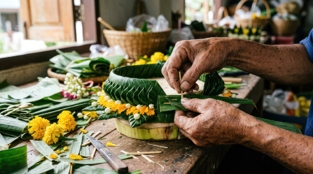 Skilled hands crafting intricate floral arrangement with banana leaves and yellow flowers.