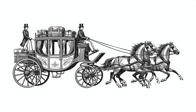 Vintage horse drawn carriage with passengers and luggage traveling on road