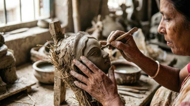 Woman Sculptor Working on Clay Figure in Studio.